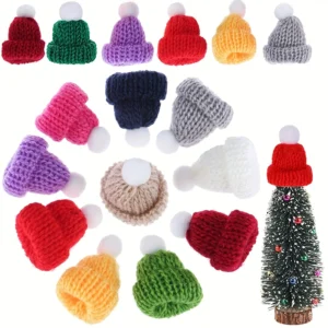 10Pcs Mini Christmas Knitting Hats Santa DIY Crafts Party Small Knit Cap Bottle Cover Snowman Beanie Hat Xmas New Year Decor