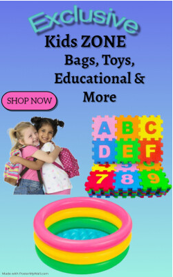 Kids Zone bags, toys, shoes,education, cards, games